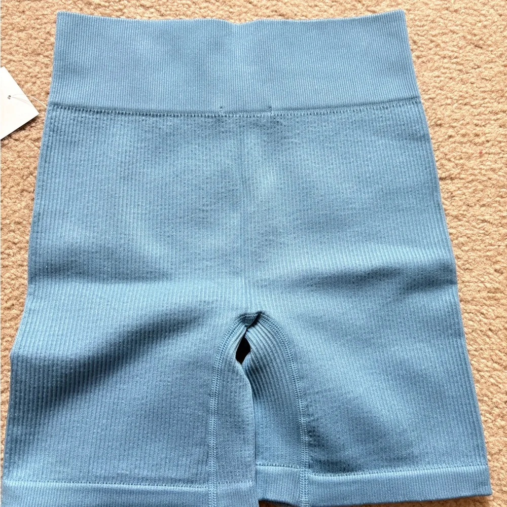 NWT Blue Ribbed Seamless Sports Bra & High Waist Biker Shorts Matching Set